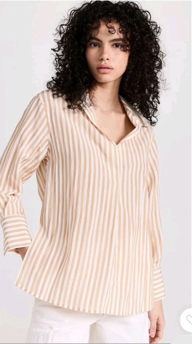 Vince Coast Stripe Shaped Collar Pullover Tunic Blouse Amber / White Size Medium